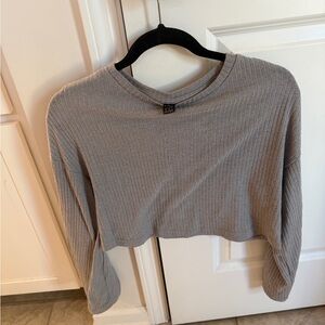 Gray Ribbed Long Sleeve Crop Top